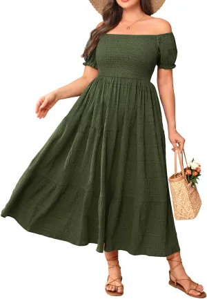 Pinup Fashion Plus Size Summer Dresses - Off Shoulder Casual Graduation Baby Shower Long Sun Dress with Pockets