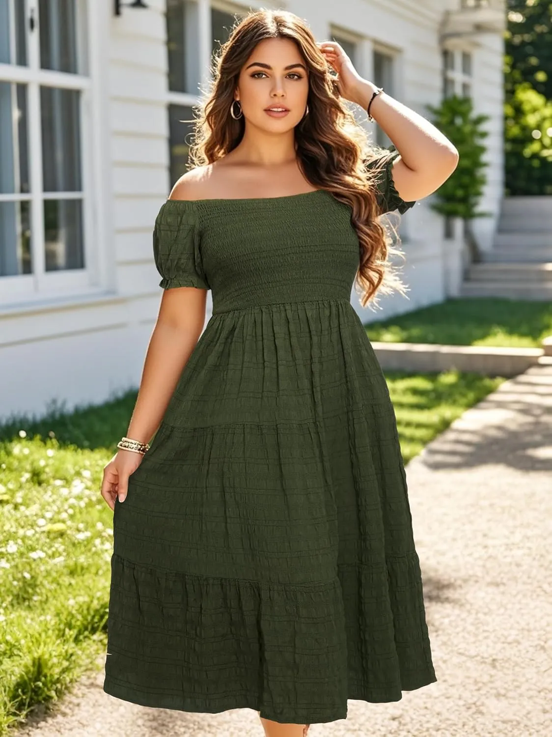 Pinup Fashion Plus Size Summer Dresses - Off Shoulder Casual Graduation Baby Shower Long Sun Dress with Pockets