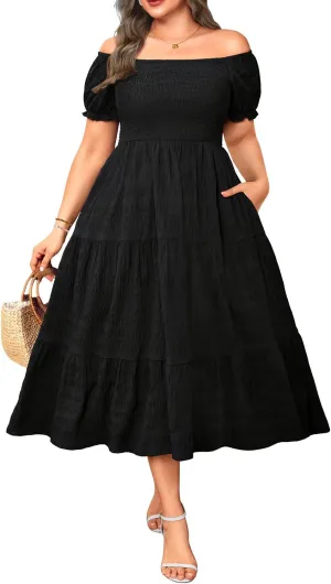 Pinup Fashion Plus Size Summer Dresses - Off Shoulder Casual Graduation Baby Shower Long Sun Dress with Pockets