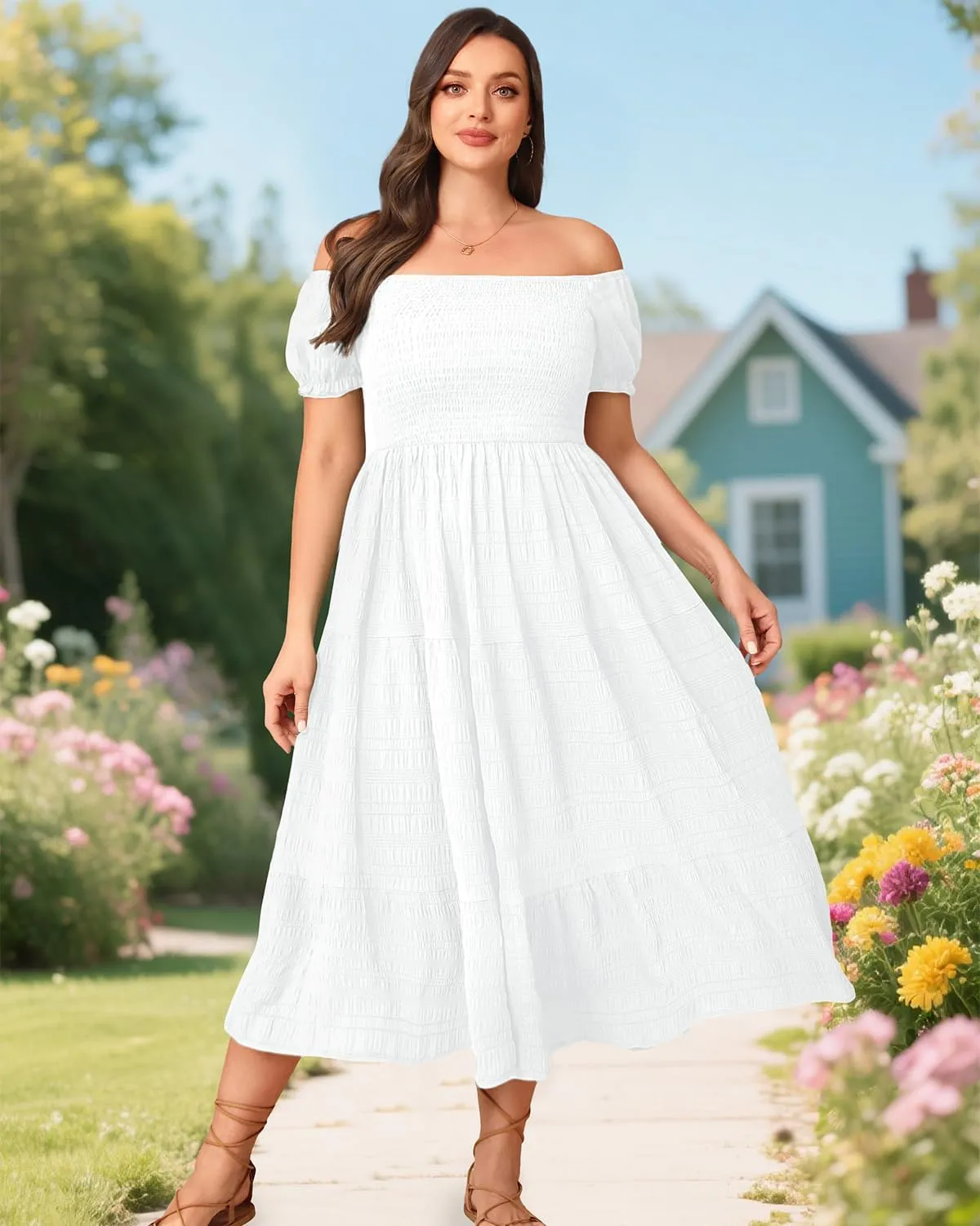 Pinup Fashion Plus Size Summer Dresses - Off Shoulder Casual Graduation Baby Shower Long Sun Dress with Pockets