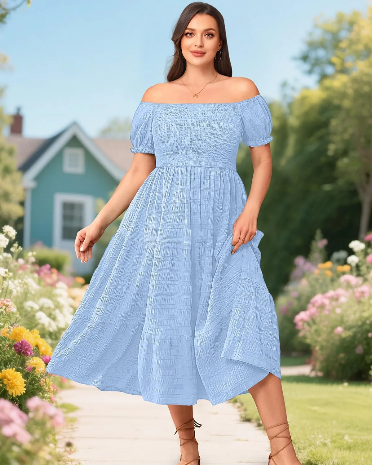 Pinup Fashion Plus Size Summer Dresses - Off Shoulder Casual Graduation Baby Shower Long Sun Dress with Pockets