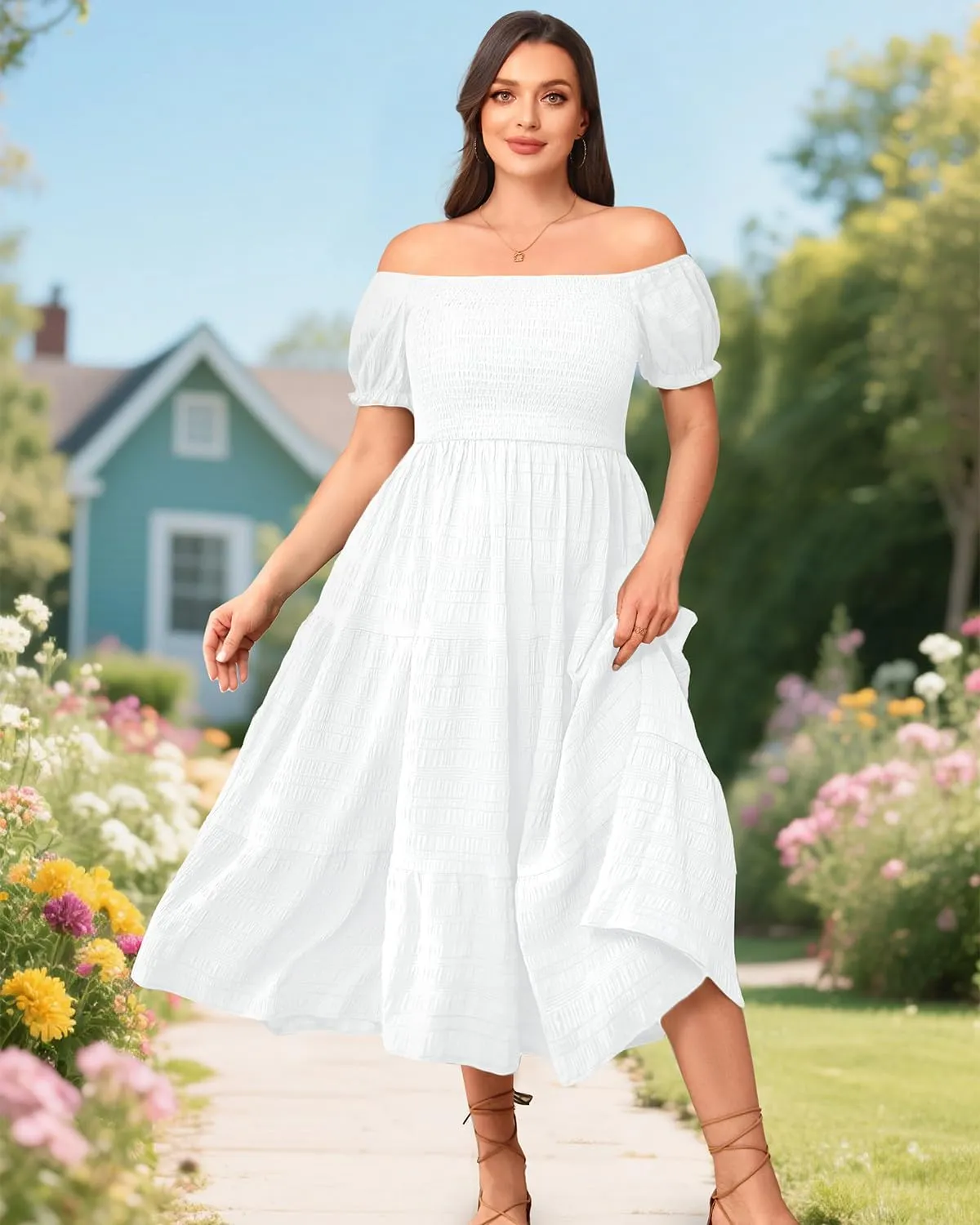 Pinup Fashion Plus Size Summer Dresses - Off Shoulder Casual Graduation Baby Shower Long Sun Dress with Pockets