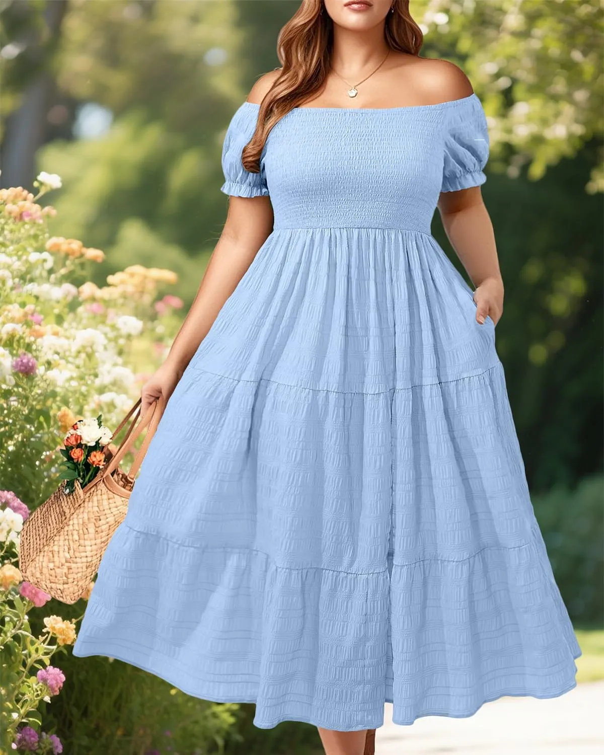 Pinup Fashion Plus Size Summer Dresses - Off Shoulder Casual Graduation Baby Shower Long Sun Dress with Pockets