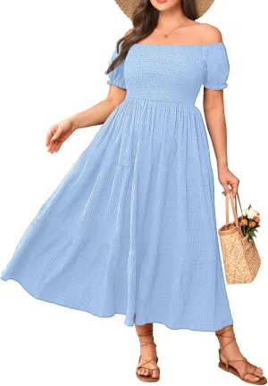 Pinup Fashion Plus Size Summer Dresses - Off Shoulder Casual Graduation Baby Shower Long Sun Dress with Pockets