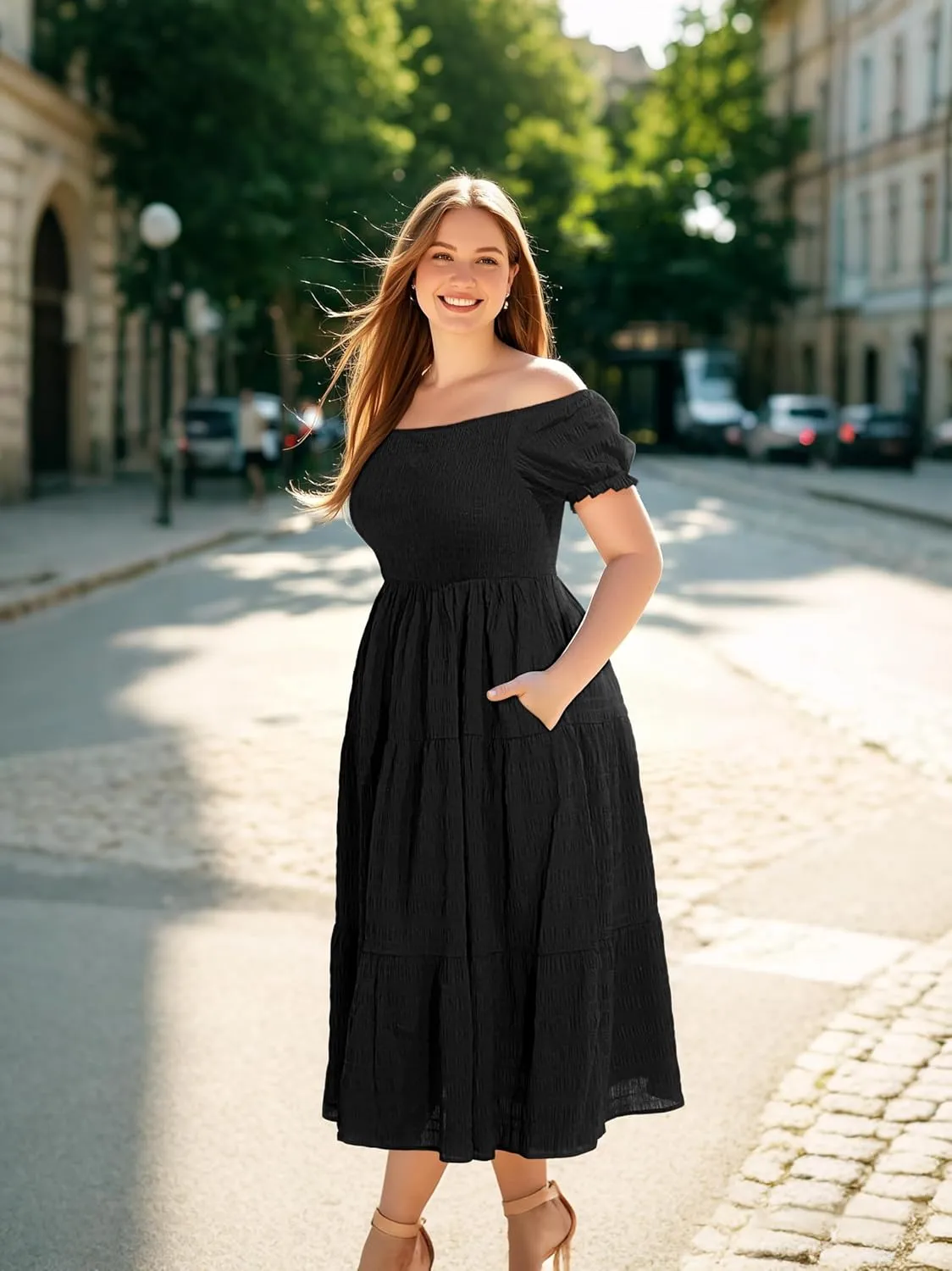 Pinup Fashion Plus Size Summer Dresses - Off Shoulder Casual Graduation Baby Shower Long Sun Dress with Pockets