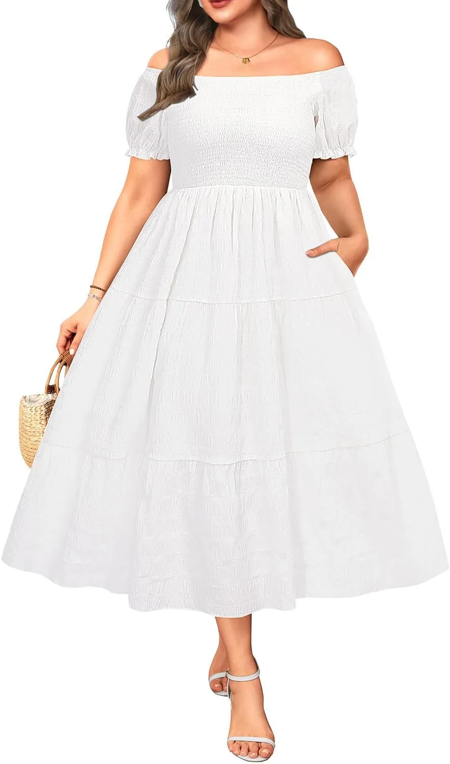 Pinup Fashion Plus Size Summer Dresses - Off Shoulder Casual Graduation Baby Shower Long Sun Dress with Pockets