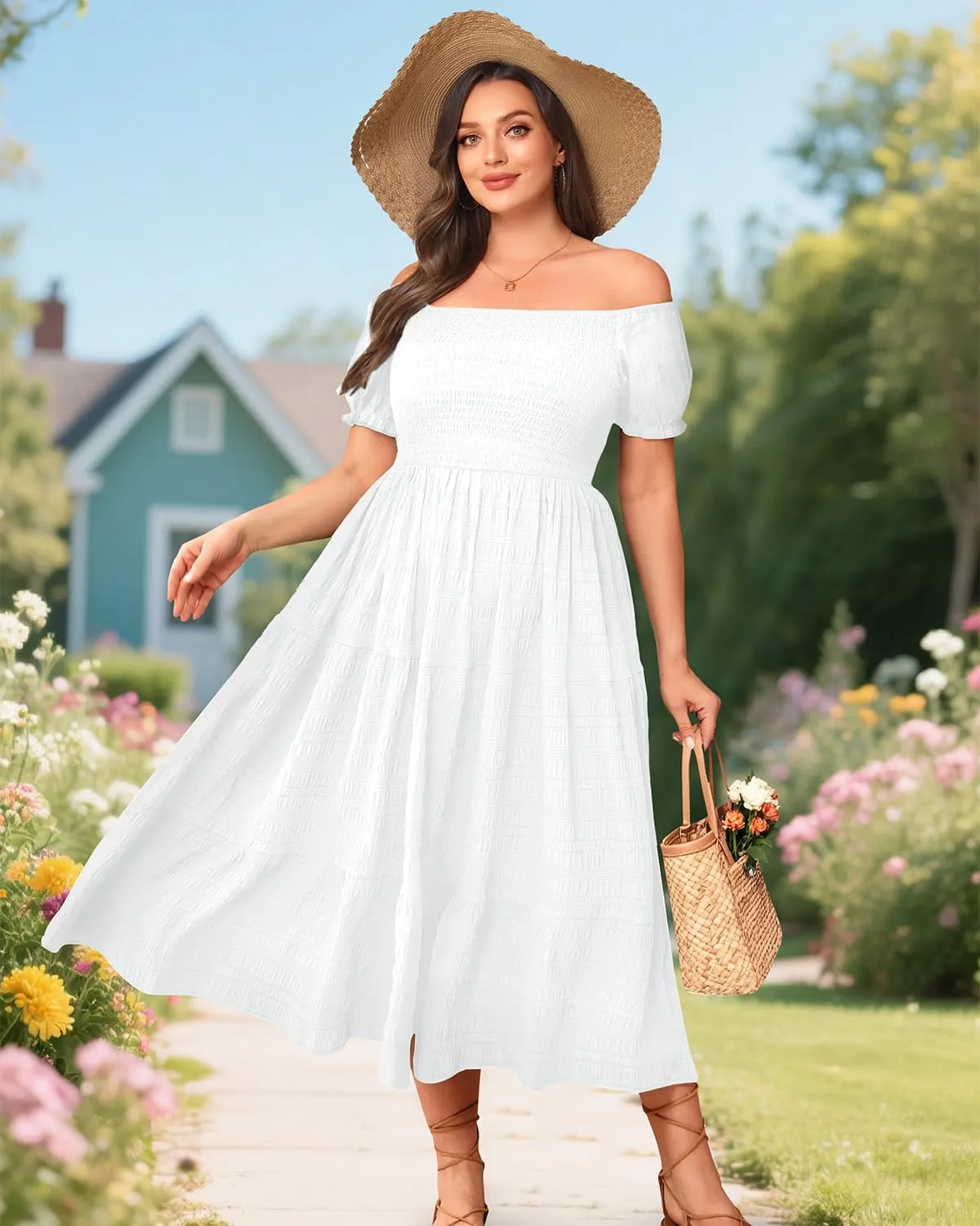 Pinup Fashion Plus Size Summer Dresses - Off Shoulder Casual Graduation Baby Shower Long Sun Dress with Pockets