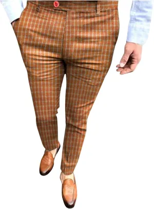 Plaid Dress Pants for Men Skinny Expandable Waist Slim Fit Chinos Grid Tailored Pants Modern Business Pencil Long Pants
