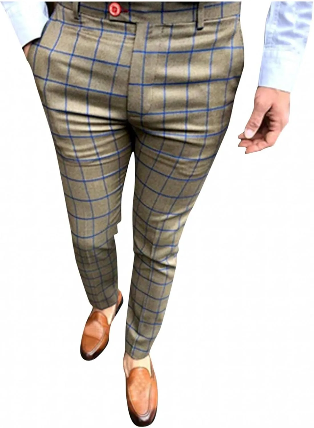 Plaid Dress Pants for Men Skinny Expandable Waist Slim Fit Chinos Grid Tailored Pants Modern Business Pencil Long Pants
