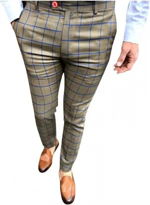 Plaid Dress Pants for Men Skinny Expandable Waist Slim Fit Chinos Grid Tailored Pants Modern Business Pencil Long Pants