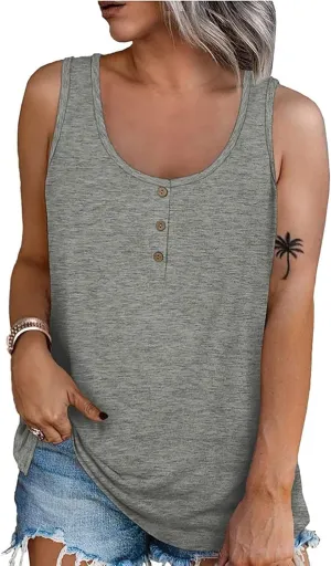 Plus Size Tank Top for Women Summer Casual Baggy Sleeveless Top Breathable Crewneck Solid Button Tank Tops