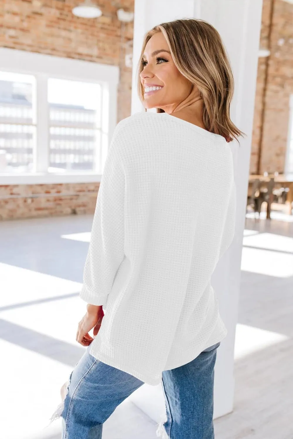 Poetsky Womens 2025 Spring 3/4 Sleeve Crewneck Waffle Knit Shirt Loose Casual Side Split Tunic Tops