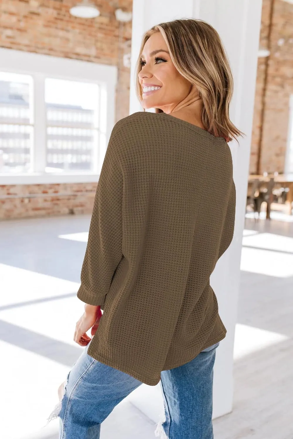 Poetsky Womens 2025 Spring 3/4 Sleeve Crewneck Waffle Knit Shirt Loose Casual Side Split Tunic Tops