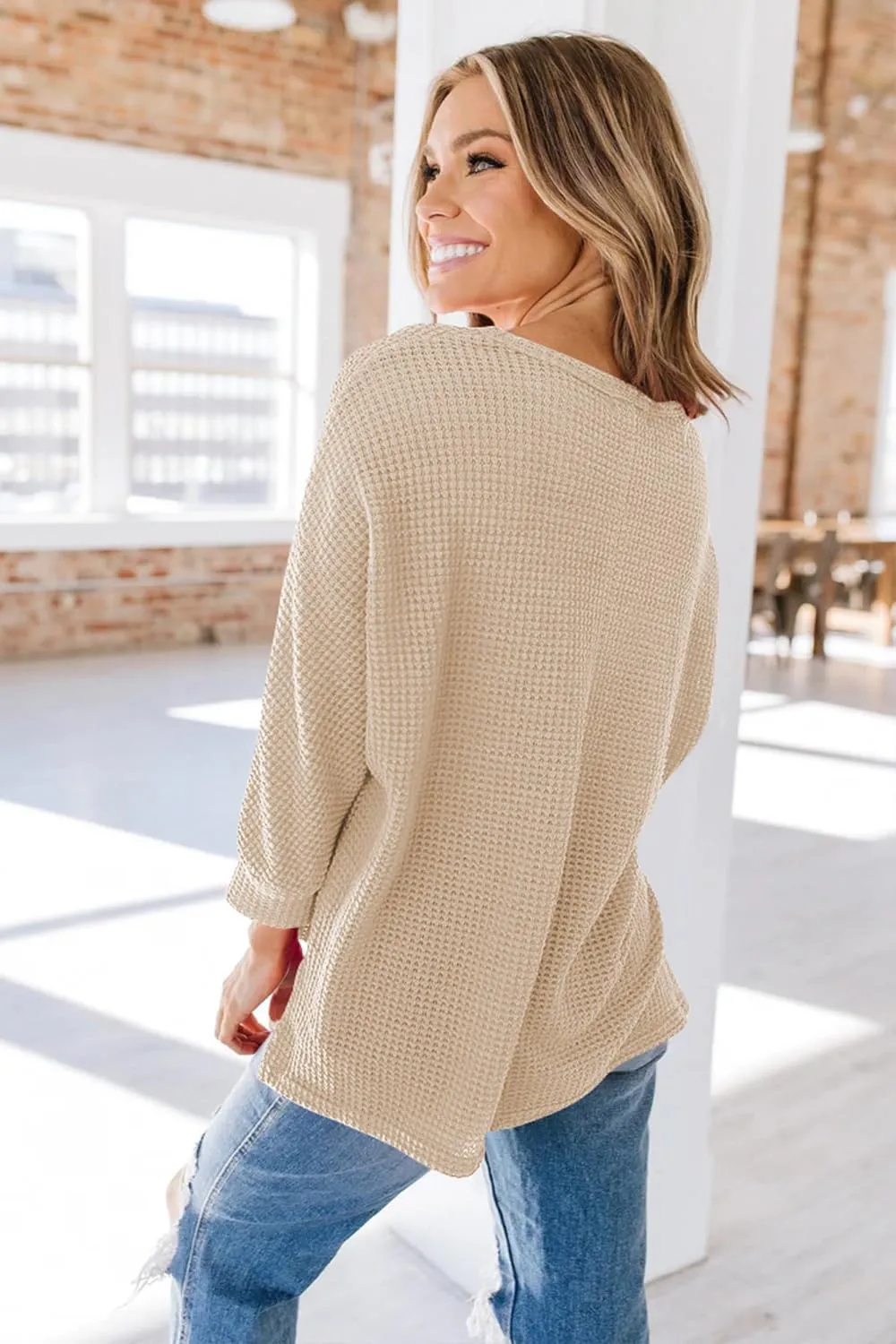 Poetsky Womens 2025 Spring 3/4 Sleeve Crewneck Waffle Knit Shirt Loose Casual Side Split Tunic Tops
