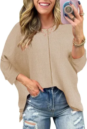 Poetsky Womens 2025 Spring 3/4 Sleeve Crewneck Waffle Knit Shirt Loose Casual Side Split Tunic Tops