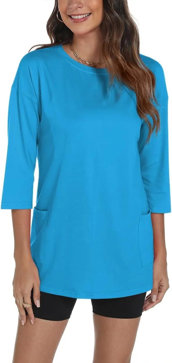 Poetsky Womens 3/4 Sleeve Tunic Tops for Leggings with Pockets Oversized Crew Neck Casual Long T Shirts
