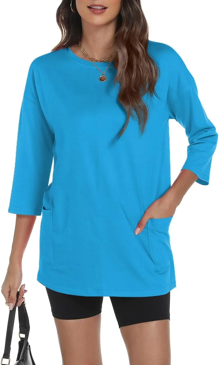 Poetsky Womens 3/4 Sleeve Tunic Tops for Leggings with Pockets Oversized Crew Neck Casual Long T Shirts