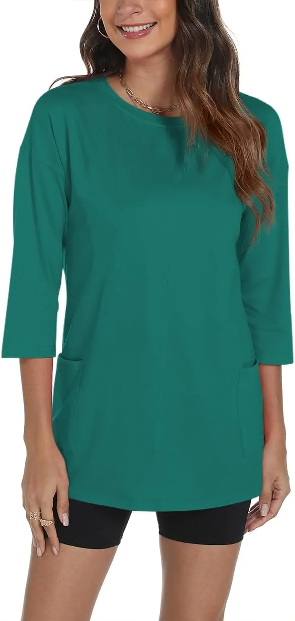 Poetsky Womens 3/4 Sleeve Tunic Tops for Leggings with Pockets Oversized Crew Neck Casual Long T Shirts