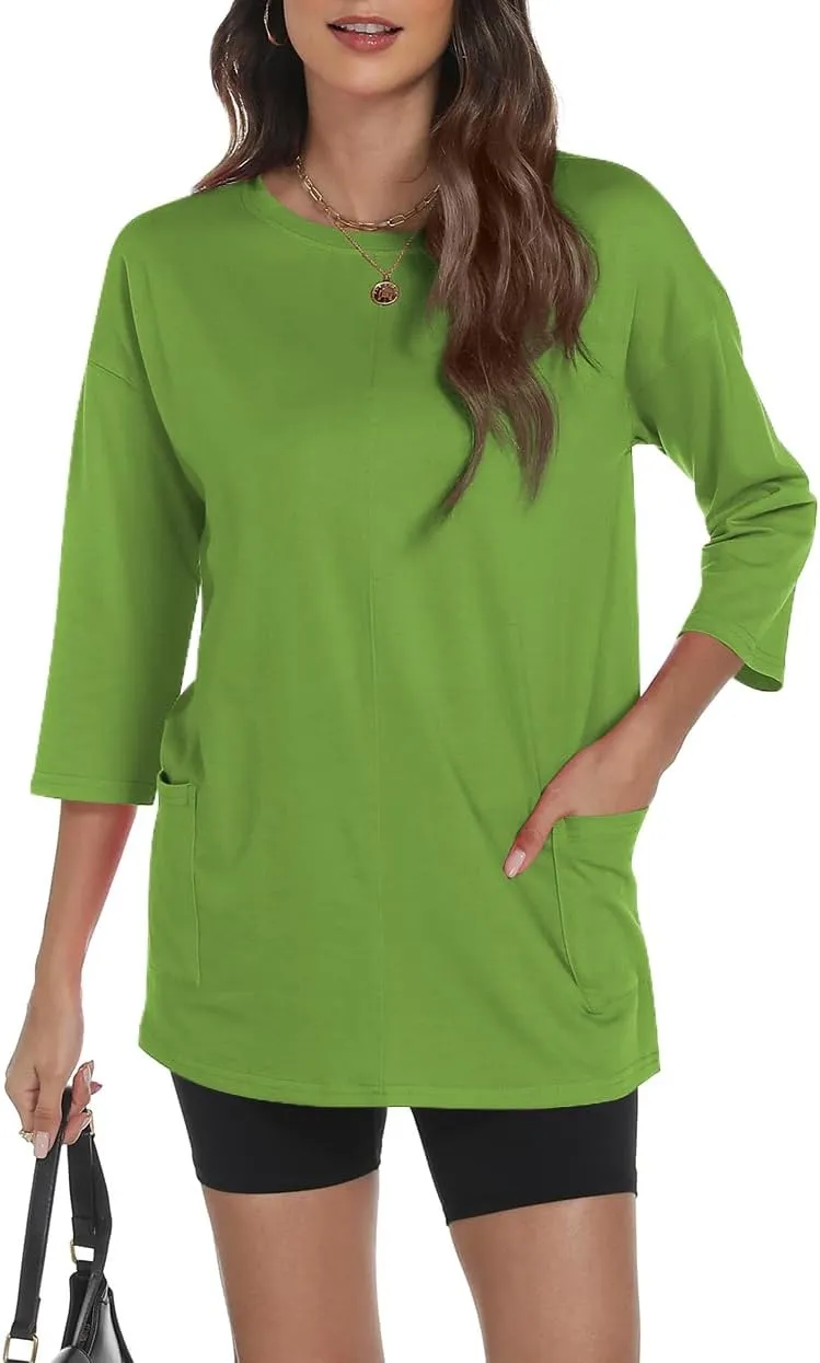 Poetsky Womens 3/4 Sleeve Tunic Tops for Leggings with Pockets Oversized Crew Neck Casual Long T Shirts