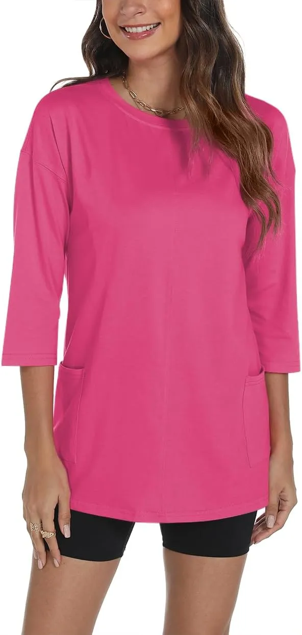 Poetsky Womens 3/4 Sleeve Tunic Tops for Leggings with Pockets Oversized Crew Neck Casual Long T Shirts