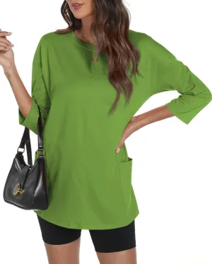 Poetsky Womens 3/4 Sleeve Tunic Tops for Leggings with Pockets Oversized Crew Neck Casual Long T Shirts