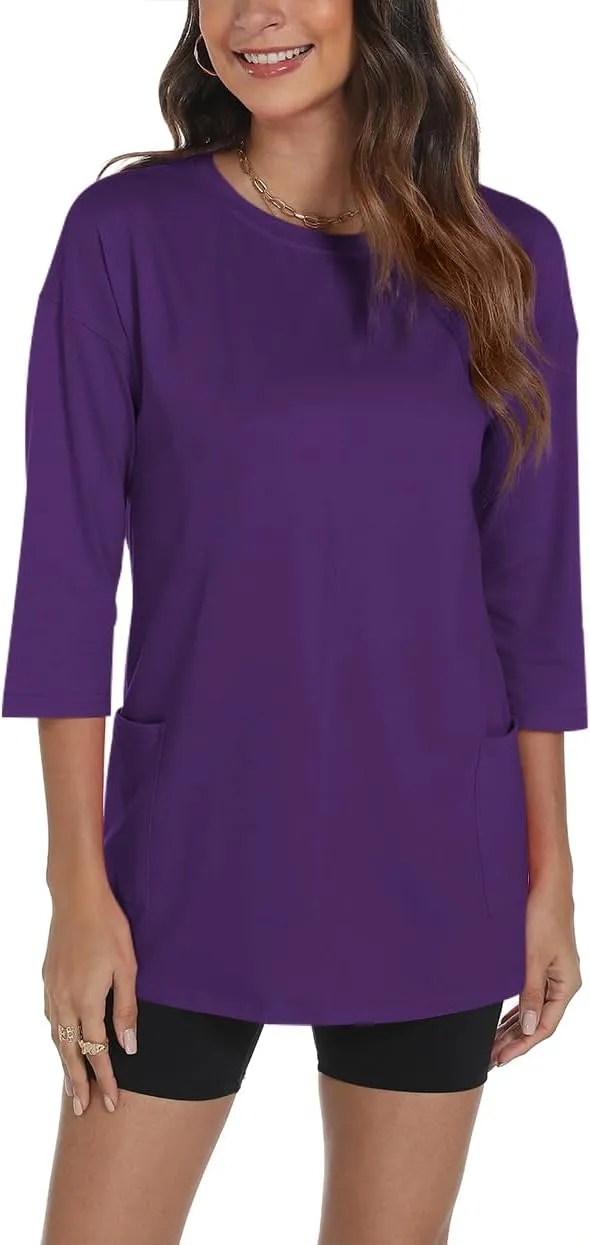 Poetsky Womens 3/4 Sleeve Tunic Tops for Leggings with Pockets Oversized Crew Neck Casual Long T Shirts
