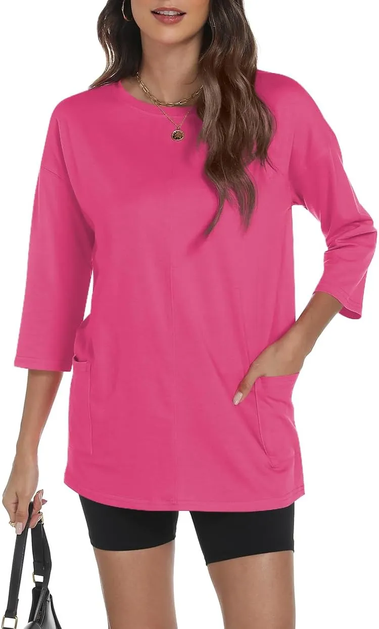 Poetsky Womens 3/4 Sleeve Tunic Tops for Leggings with Pockets Oversized Crew Neck Casual Long T Shirts