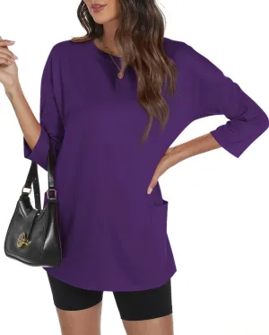 Poetsky Womens 3/4 Sleeve Tunic Tops for Leggings with Pockets Oversized Crew Neck Casual Long T Shirts