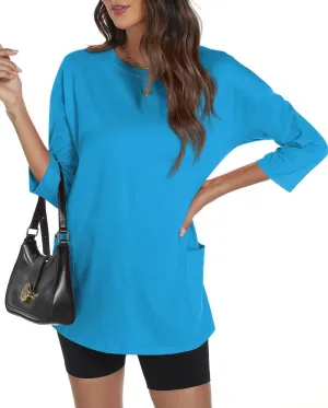 Poetsky Womens 3/4 Sleeve Tunic Tops for Leggings with Pockets Oversized Crew Neck Casual Long T Shirts