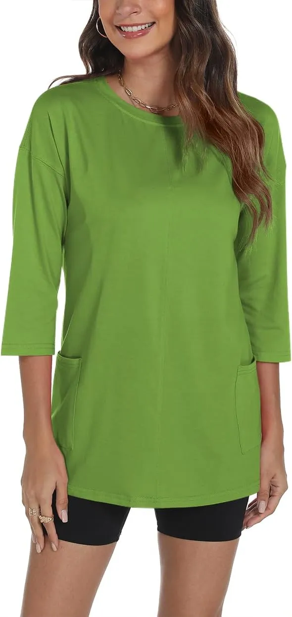 Poetsky Womens 3/4 Sleeve Tunic Tops for Leggings with Pockets Oversized Crew Neck Casual Long T Shirts