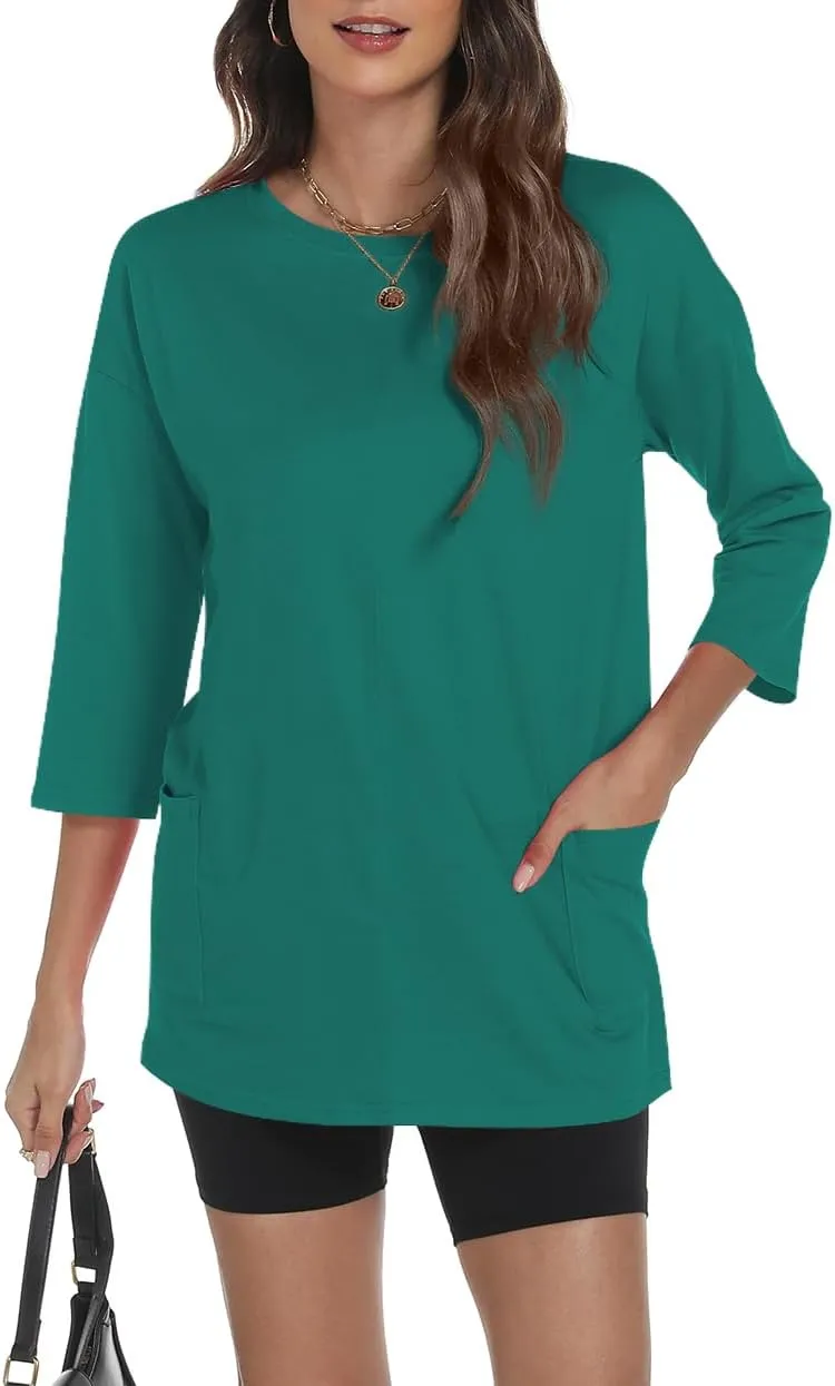 Poetsky Womens 3/4 Sleeve Tunic Tops for Leggings with Pockets Oversized Crew Neck Casual Long T Shirts
