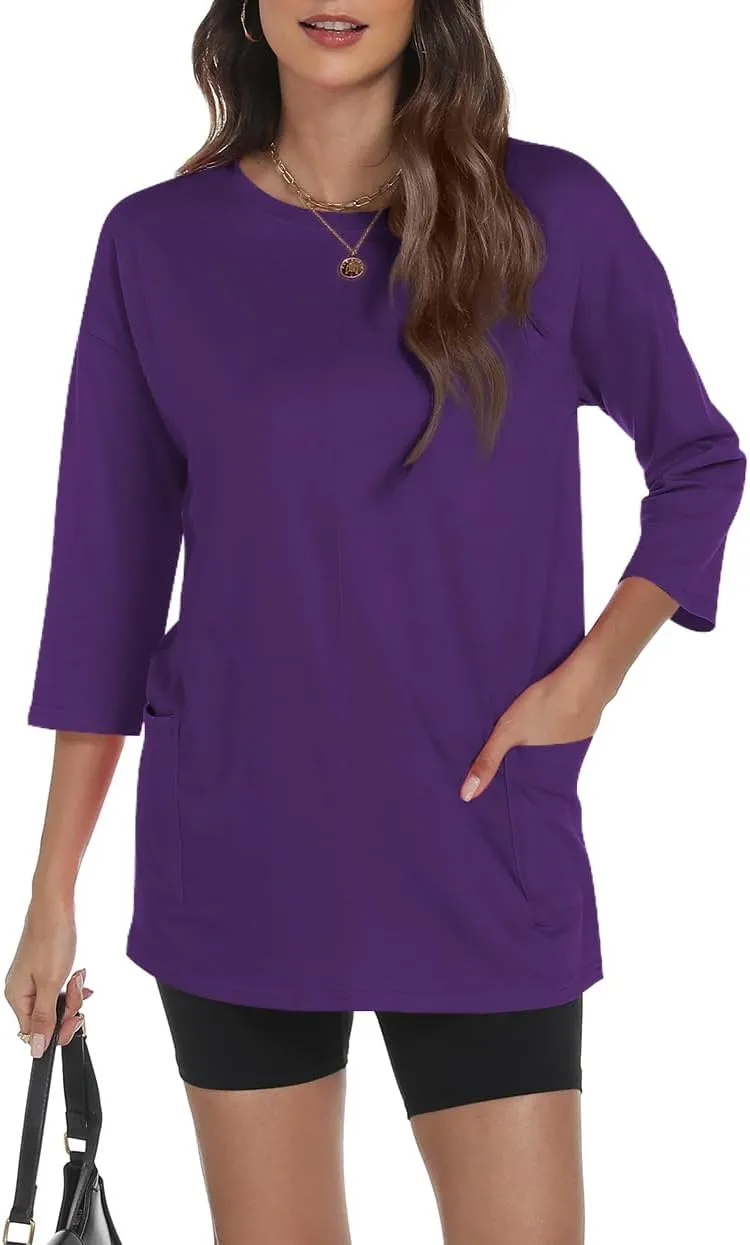 Poetsky Womens 3/4 Sleeve Tunic Tops for Leggings with Pockets Oversized Crew Neck Casual Long T Shirts