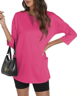 Poetsky Womens 3/4 Sleeve Tunic Tops for Leggings with Pockets Oversized Crew Neck Casual Long T Shirts