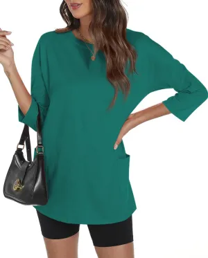 Poetsky Womens 3/4 Sleeve Tunic Tops for Leggings with Pockets Oversized Crew Neck Casual Long T Shirts