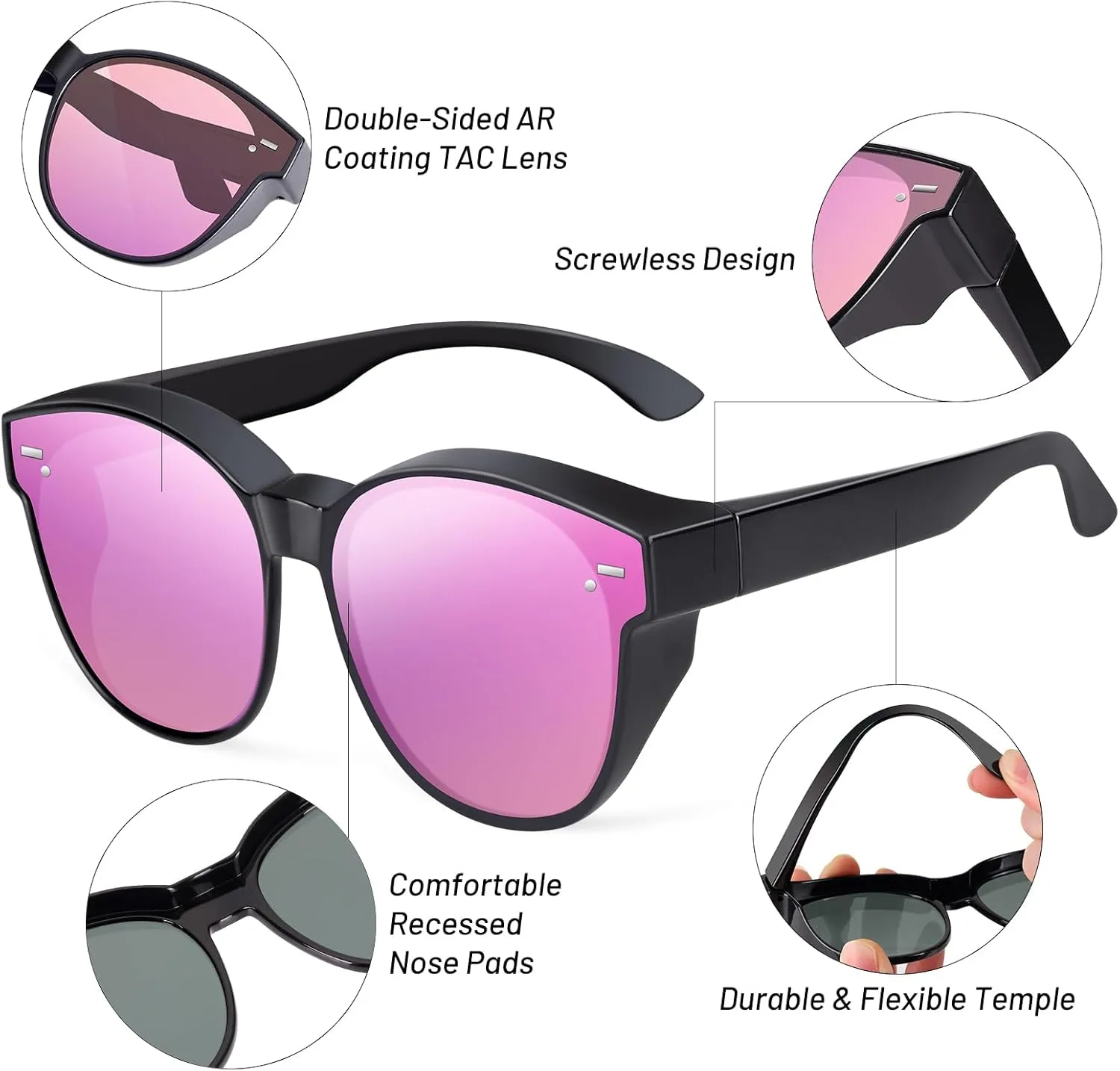 Polarized Cat Eye Sunglasses Fit Over Glasses for Women - Double-Sided AR Coating Polarized Lenses, UV400 Protection