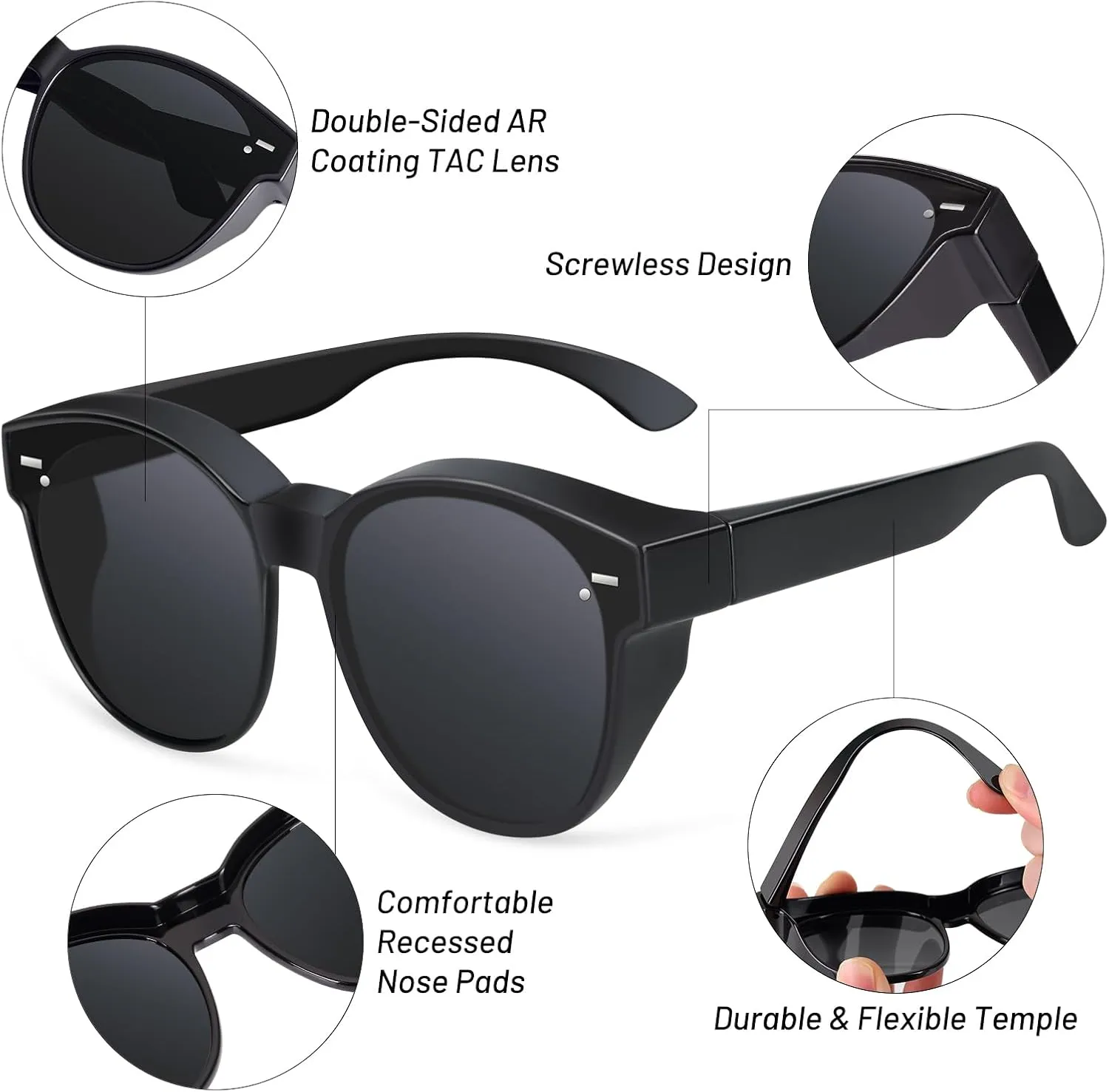 Polarized Cat Eye Sunglasses Fit Over Glasses for Women - Double-Sided AR Coating Polarized Lenses, UV400 Protection