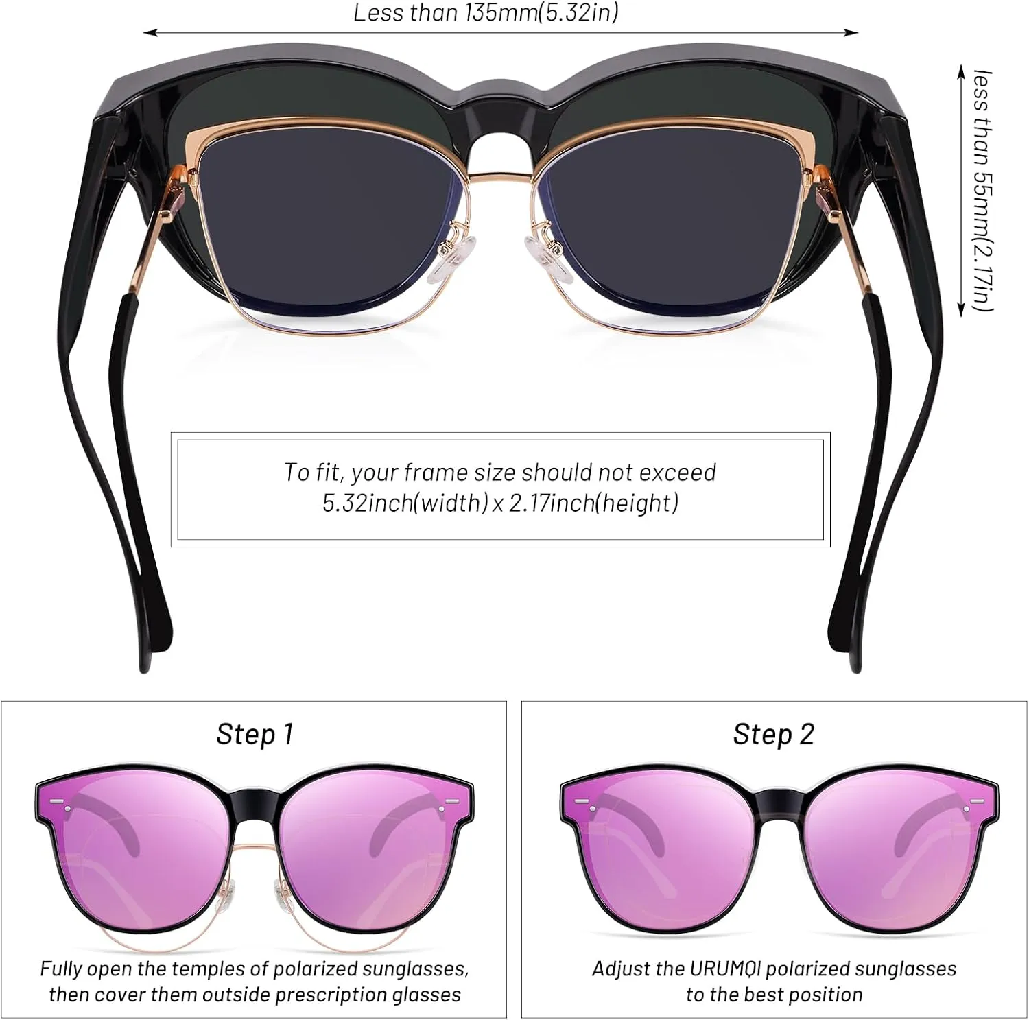 Polarized Cat Eye Sunglasses Fit Over Glasses for Women - Double-Sided AR Coating Polarized Lenses, UV400 Protection
