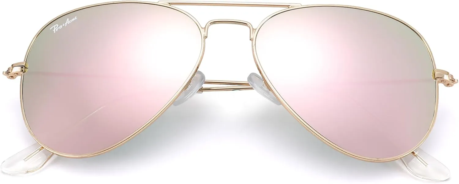 Pro Acme Glass Lenses Aviator Sunglasses for Women, Tinted Mirrored with UV400 Protection Metal Frame, 58mm
