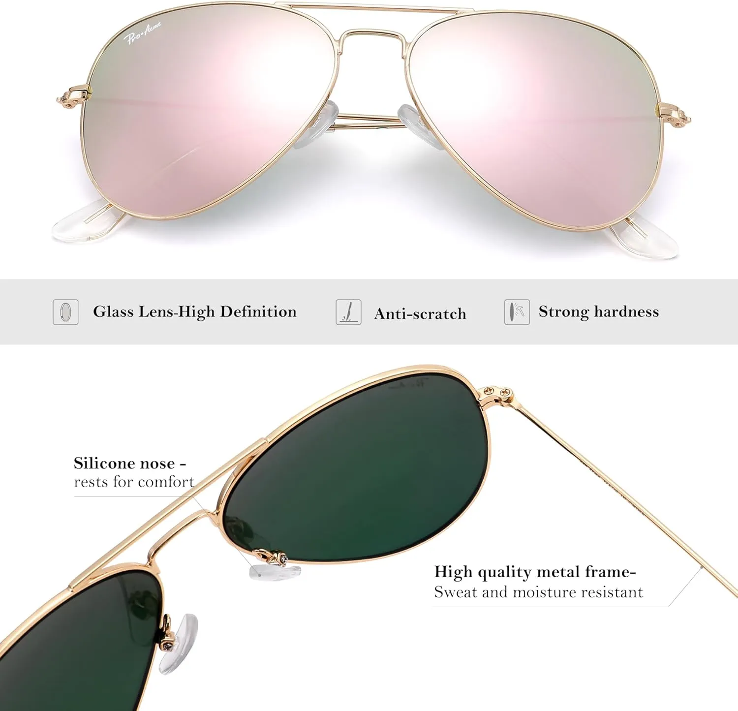 Pro Acme Glass Lenses Aviator Sunglasses for Women, Tinted Mirrored with UV400 Protection Metal Frame, 58mm