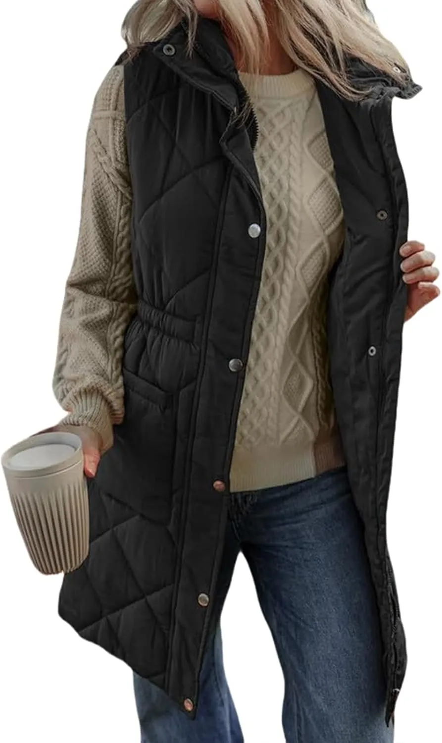 Quilted Vest Women Long Puffer Jacket Sleeveless Down Coat Casual Zip Up Puffer Vest Loose Tunic Coat Outerwear