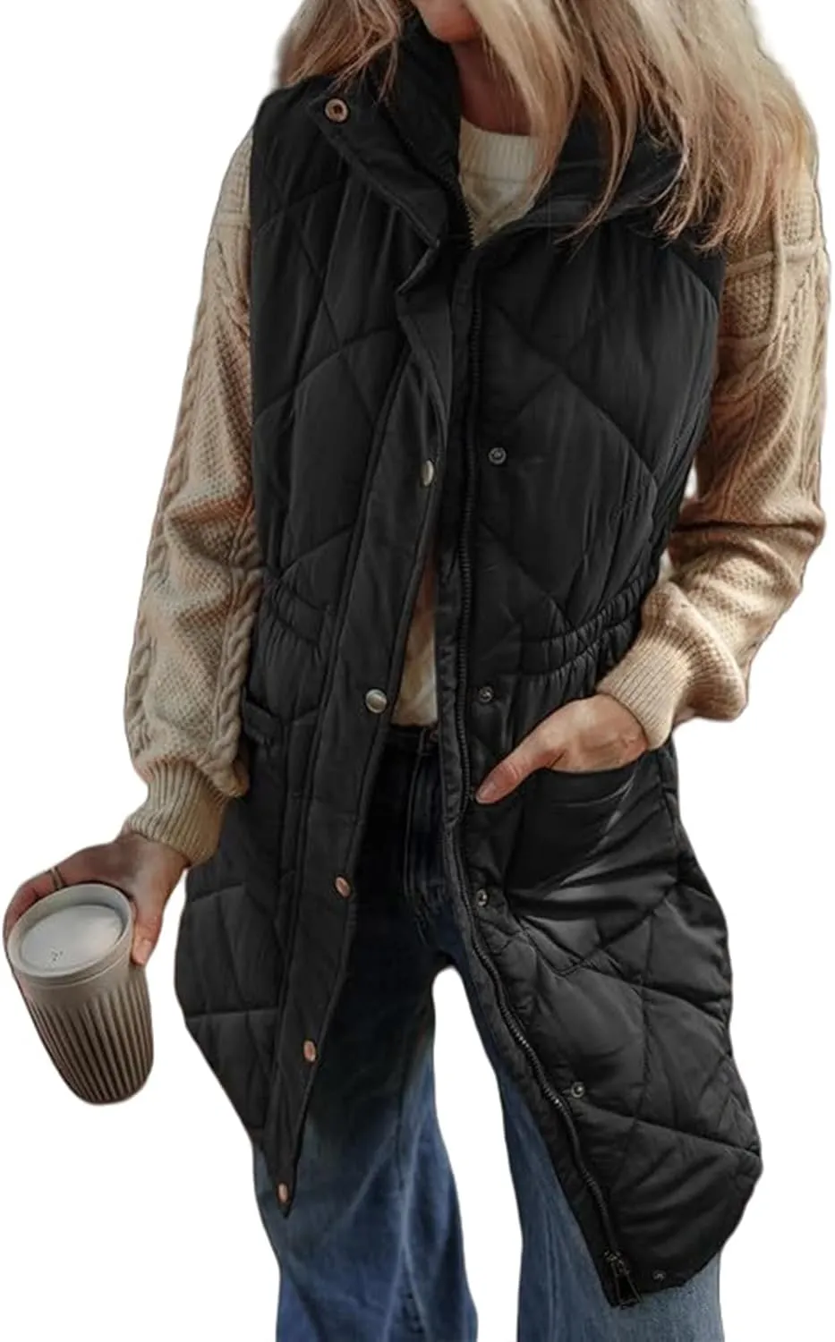 Quilted Vest Women Long Puffer Jacket Sleeveless Down Coat Casual Zip Up Puffer Vest Loose Tunic Coat Outerwear