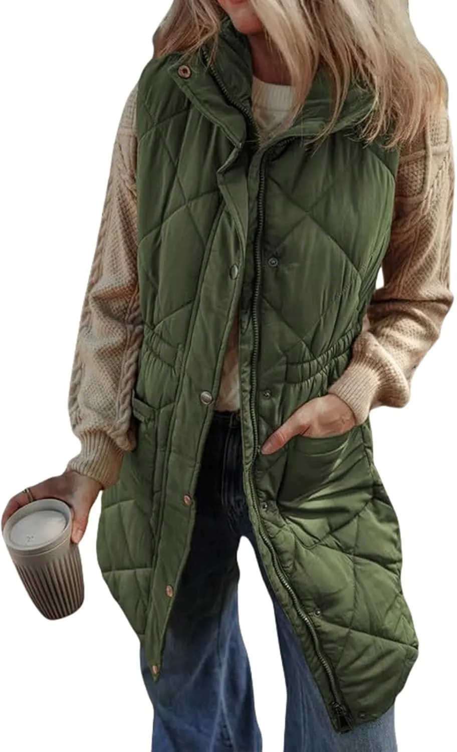 Quilted Vest Women Long Puffer Jacket Sleeveless Down Coat Casual Zip Up Puffer Vest Loose Tunic Coat Outerwear