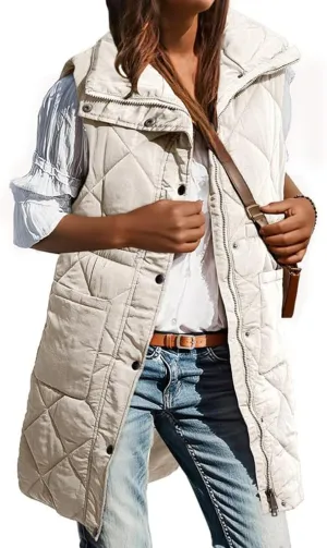 Quilted Vest Women Long Puffer Jacket Sleeveless Down Coat Casual Zip Up Puffer Vest Loose Tunic Coat Outerwear