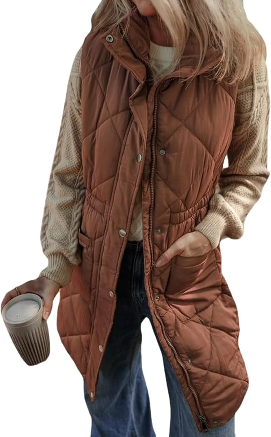 Quilted Vest Women Long Puffer Jacket Sleeveless Down Coat Casual Zip Up Puffer Vest Loose Tunic Coat Outerwear
