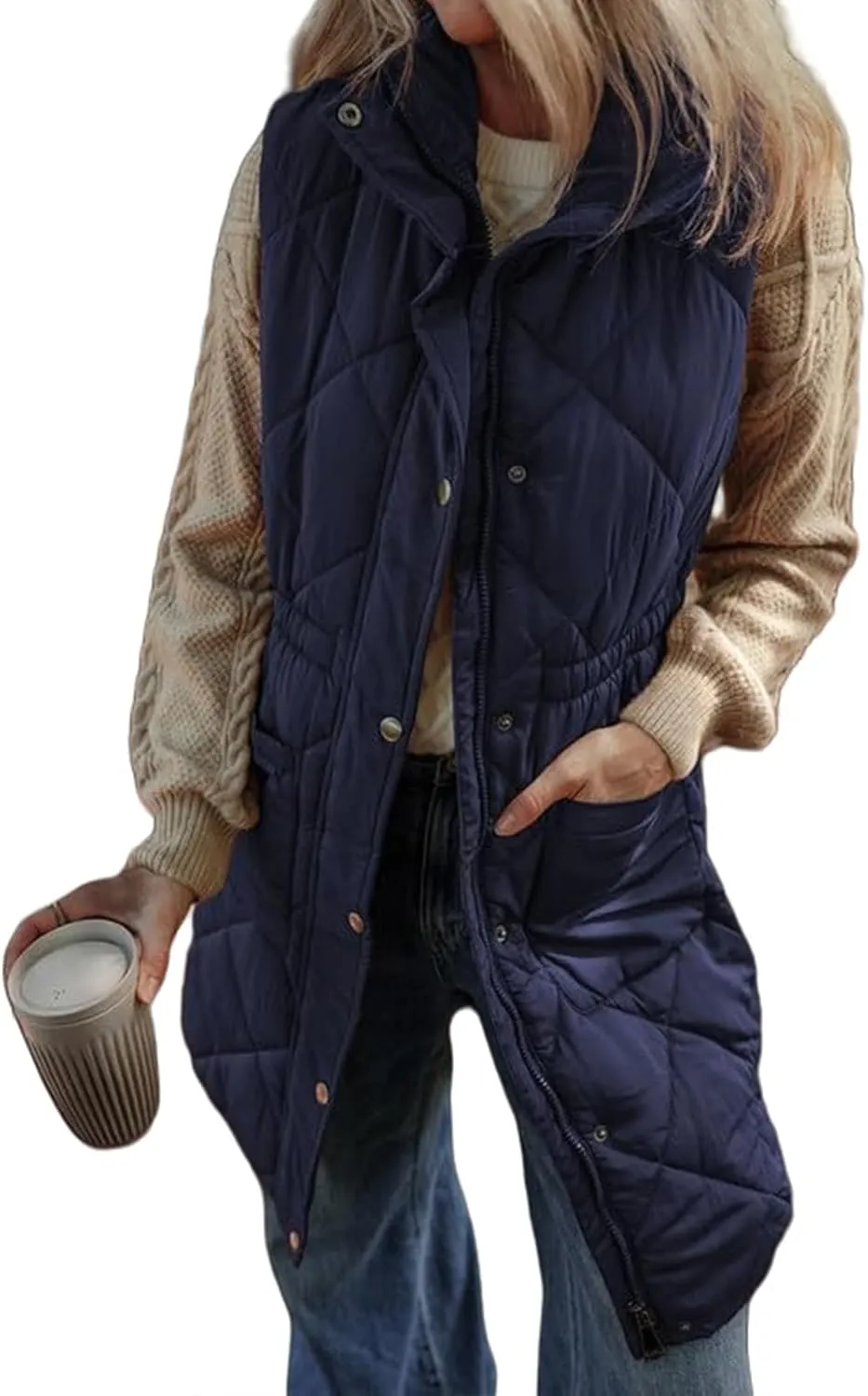 Quilted Vest Women Long Puffer Jacket Sleeveless Down Coat Casual Zip Up Puffer Vest Loose Tunic Coat Outerwear