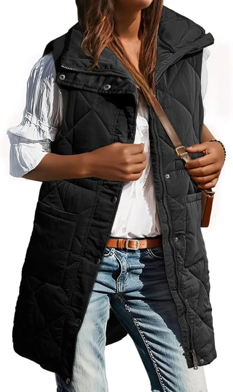 Quilted Vest Women Long Puffer Jacket Sleeveless Down Coat Casual Zip Up Puffer Vest Loose Tunic Coat Outerwear