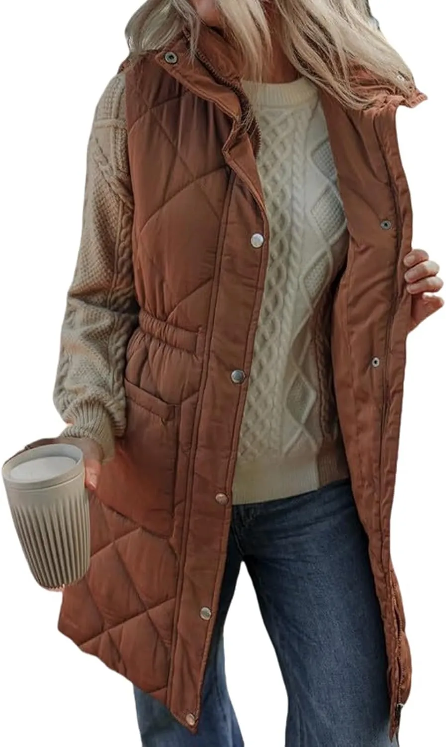 Quilted Vest Women Long Puffer Jacket Sleeveless Down Coat Casual Zip Up Puffer Vest Loose Tunic Coat Outerwear