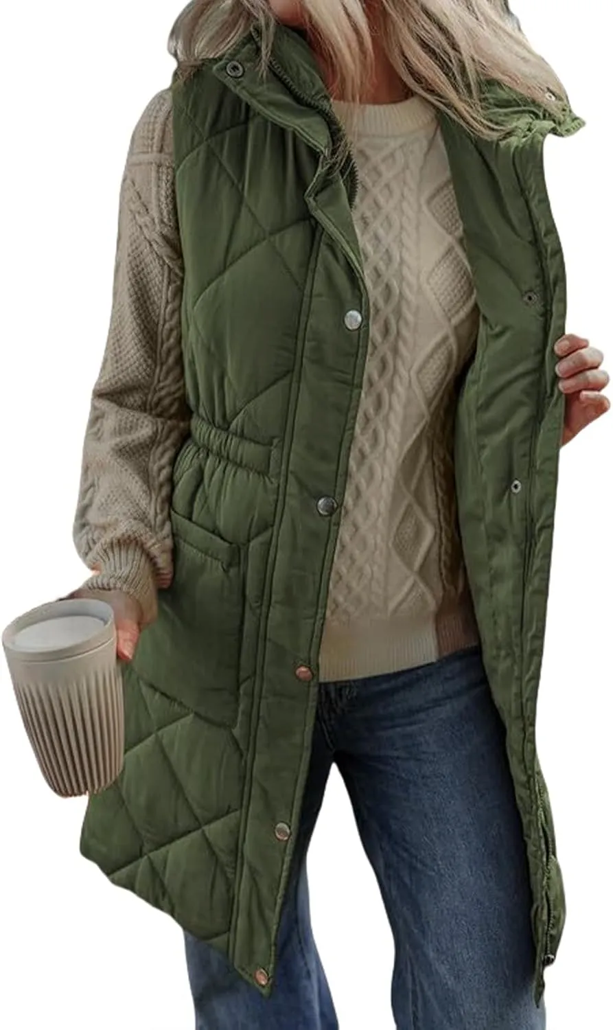 Quilted Vest Women Long Puffer Jacket Sleeveless Down Coat Casual Zip Up Puffer Vest Loose Tunic Coat Outerwear