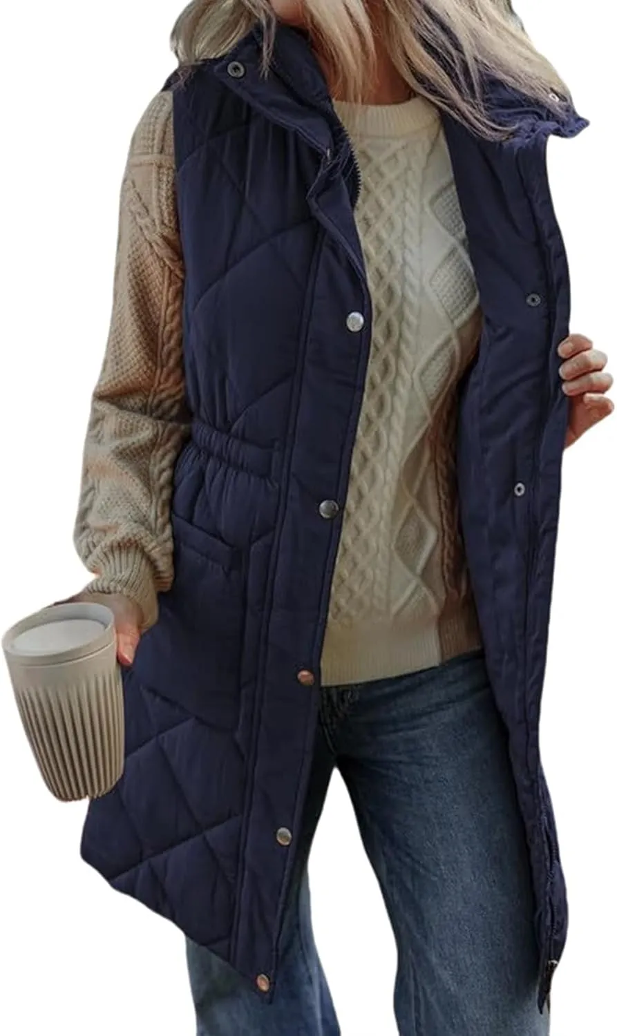 Quilted Vest Women Long Puffer Jacket Sleeveless Down Coat Casual Zip Up Puffer Vest Loose Tunic Coat Outerwear