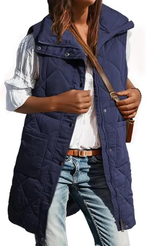 Quilted Vest Women Long Puffer Jacket Sleeveless Down Coat Casual Zip Up Puffer Vest Loose Tunic Coat Outerwear
